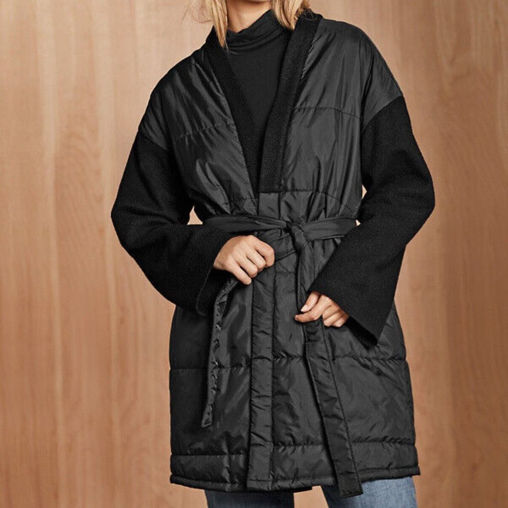 NWT Eileen Fisher Black Recycled Nylon & Boiled Wool K/L Coat